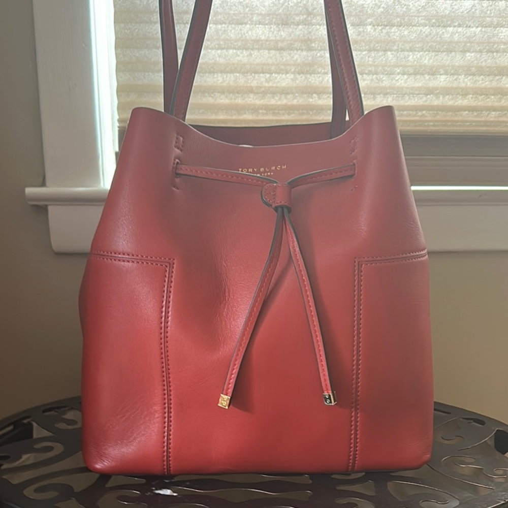 Tory Burch Red Leather T Block Drawstring Shoulder Bag